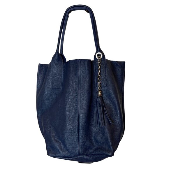 Burse In Pelle Handbags - Leather Tote Navy Shoulder bag Burse In Pelle With Tassel Charm Zip Pouch Italy